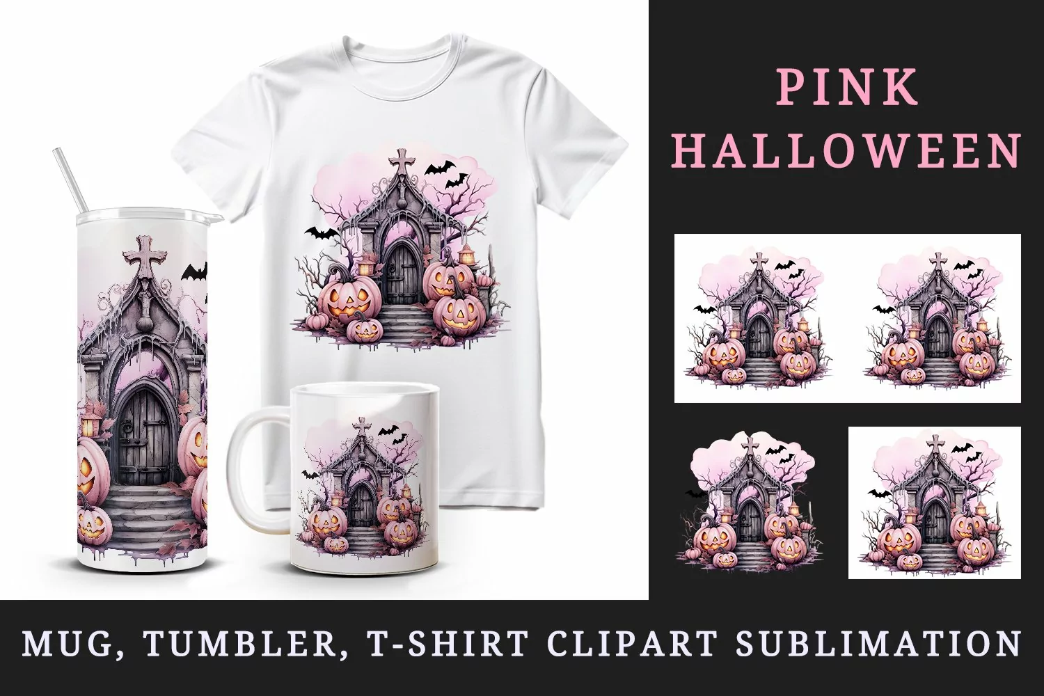 Watercolor Pink Halloween night pumpkins castle haunted house Jack-o-lantern 20oz tumbler skinny mug wrap clipart t-shirt sublimation printable design
