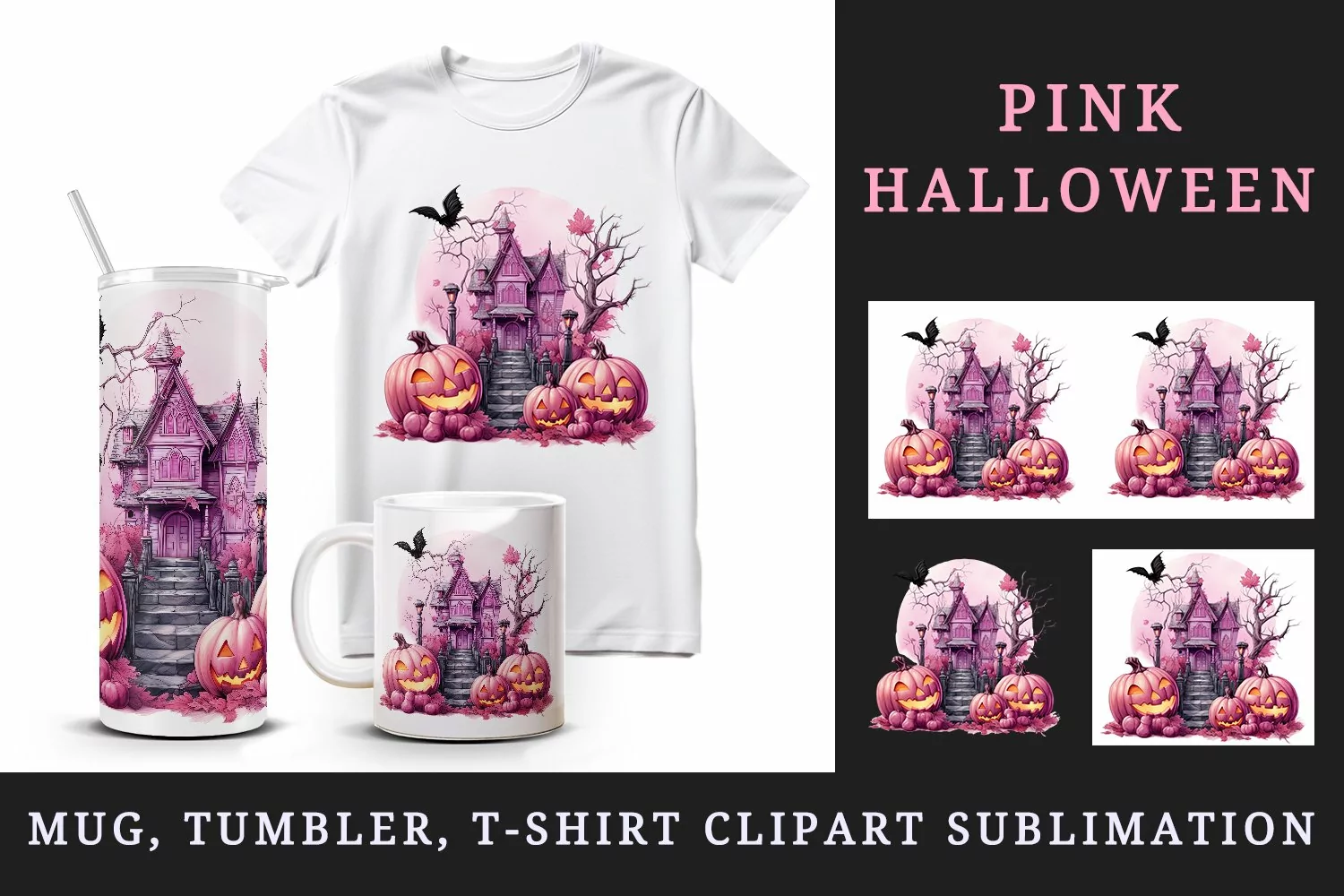 Watercolor Pink Halloween night pumpkins castle haunted house Jack-o-lantern 20oz tumbler skinny mug wrap clipart t-shirt sublimation printable design
