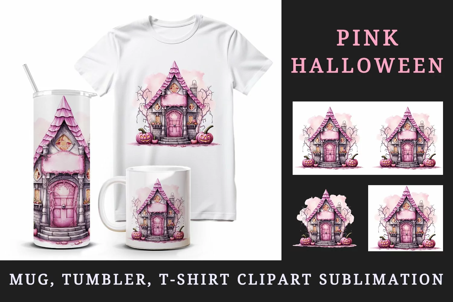 Watercolor Pink Halloween night pumpkins castle haunted house Jack-o-lantern 20oz tumbler skinny mug wrap clipart t-shirt sublimation printable design