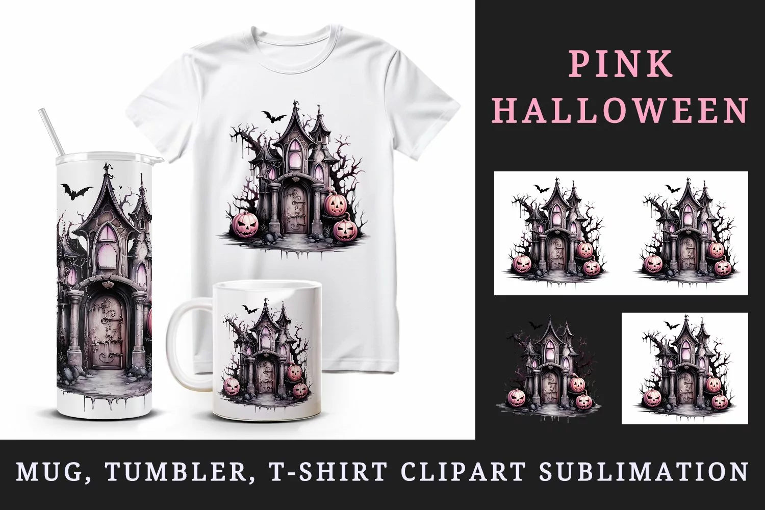 Watercolor Pink Halloween night pumpkins castle haunted house Jack-o-lantern 20oz tumbler skinny mug wrap clipart t-shirt sublimation printable design