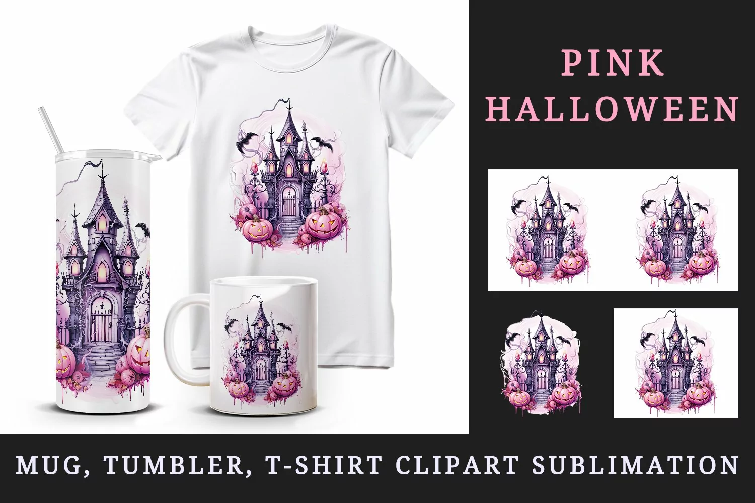 Watercolor Pink Halloween night pumpkins castle haunted house Jack-o-lantern 20oz tumbler skinny mug wrap clipart t-shirt sublimation printable design