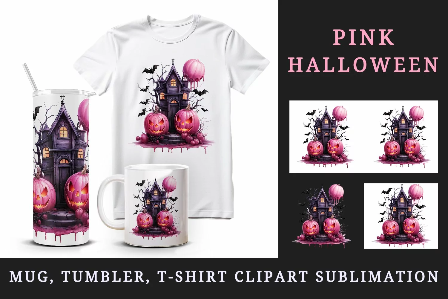 Watercolor Pink Halloween night pumpkins castle haunted house Jack-o-lantern 20oz tumbler skinny mug wrap clipart t-shirt sublimation printable design