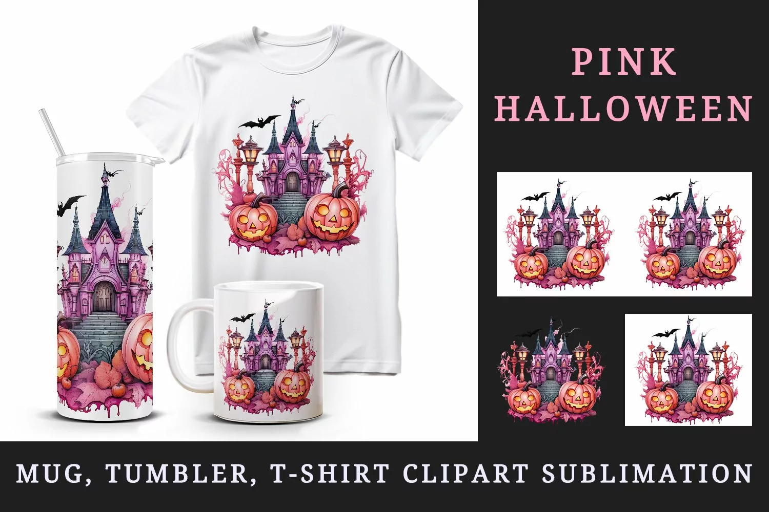 Watercolor Pink Halloween pumpkins castle haunted house Jack-o-lantern 20 oz tumbler skinny mug wrap clipart t-shirt sublimation printable design