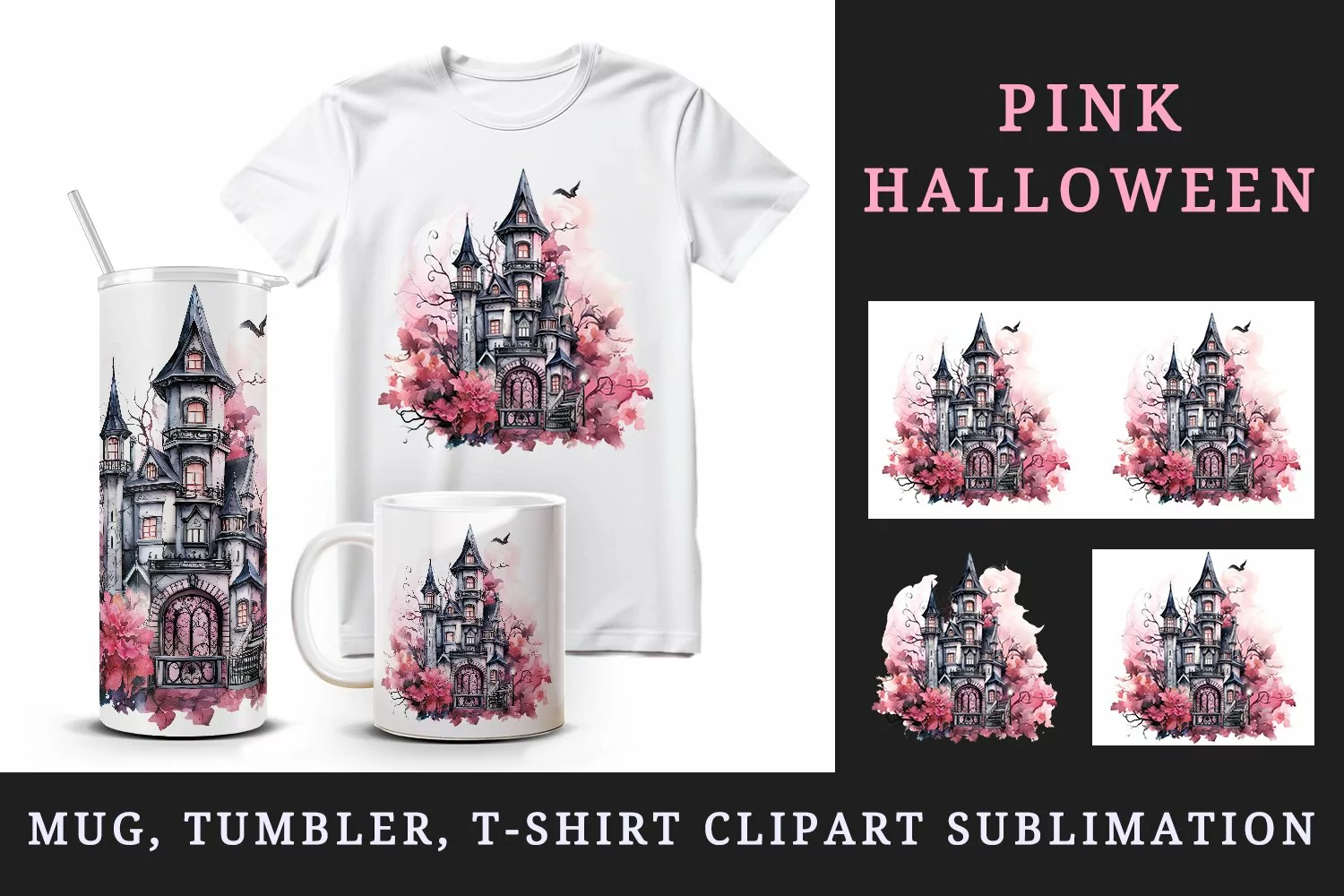 Watercolor Pink Halloween spooky castle haunted house autumn leaves 20 oz tumbler skinny mug wrap clipart t-shirt sublimation printable design
