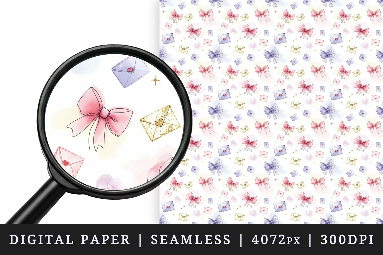 Watercolor pink lilac bow envelope white background Valentines Day love print textile digital paper seamless pattern printable sublimation design png