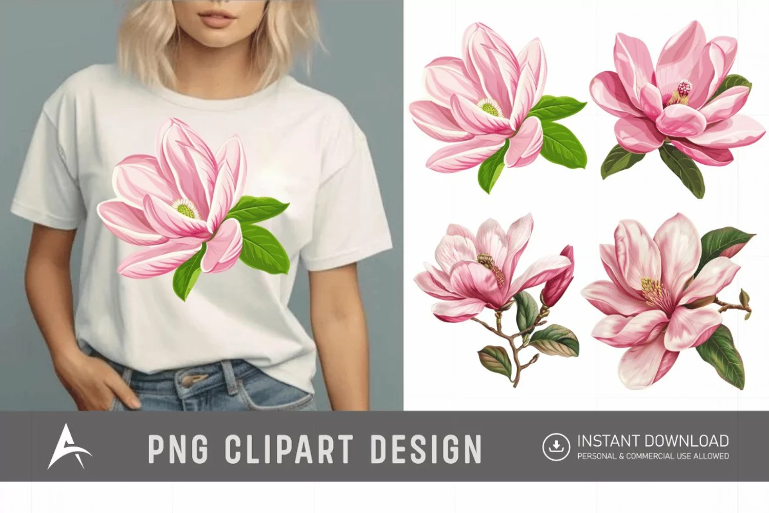 Watercolor Pink Magnolia Flower Clipart product image 1