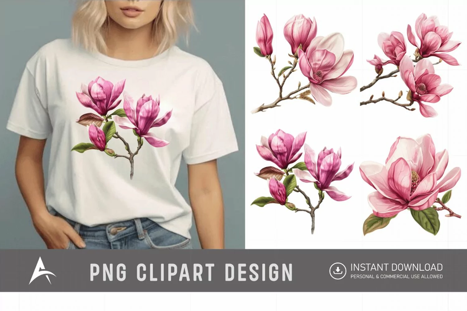 Watercolor Pink Magnolia Flower Clipart product image 1