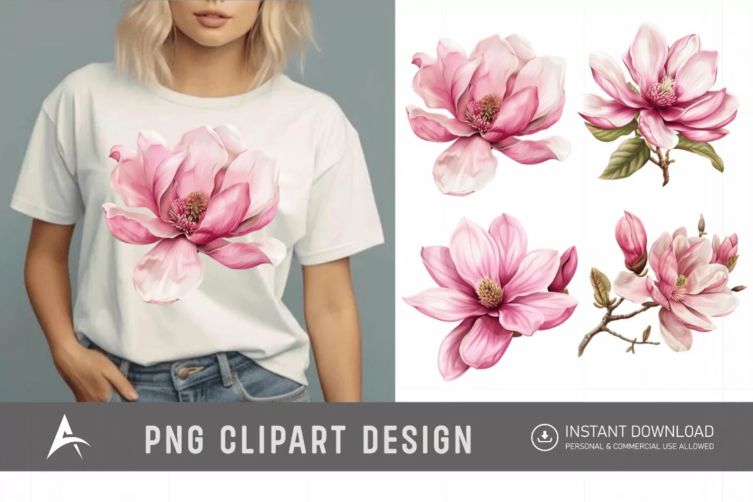Watercolor Pink Magnolia Flower Clipart product image 1
