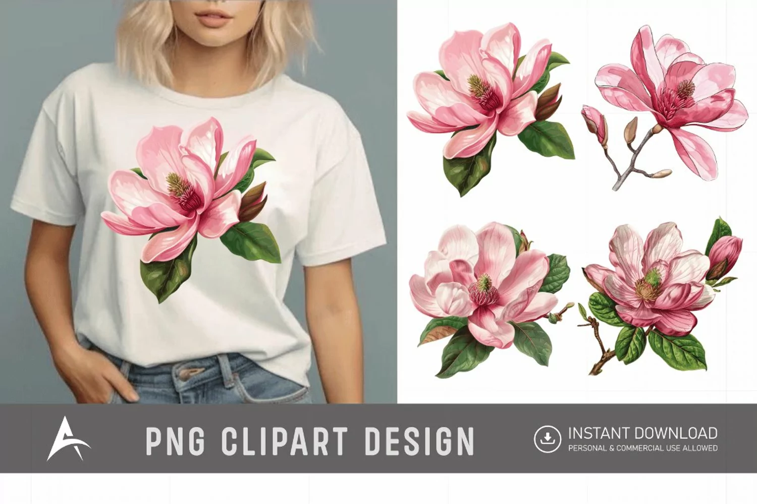 Watercolor Pink Magnolia Flower Clipart product image 1