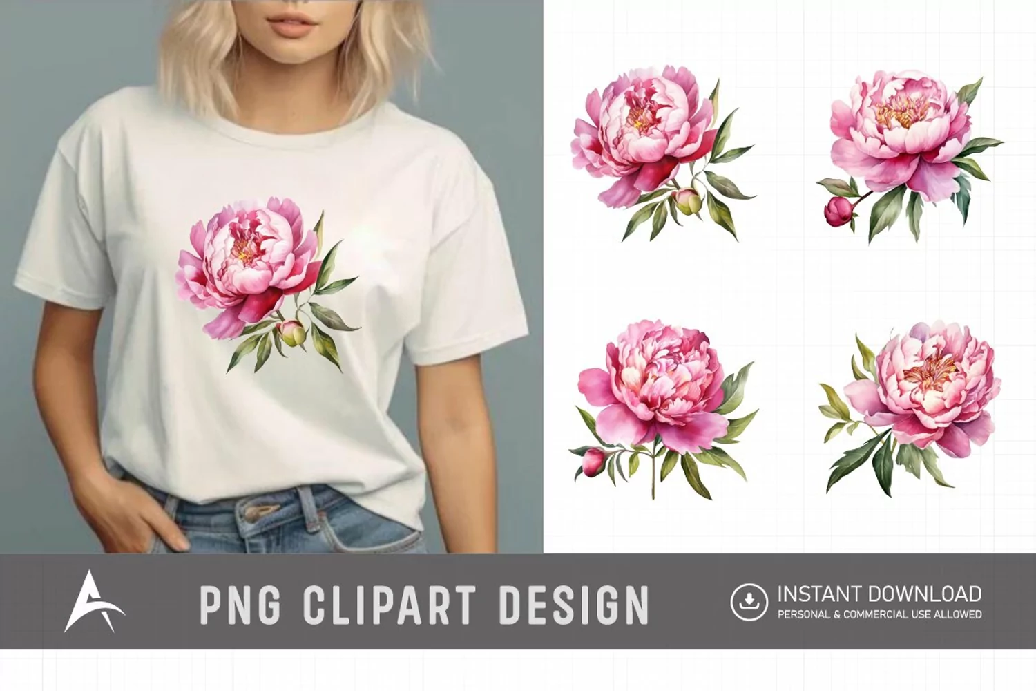 Watercolor Pink Peonies Clipart product image 1