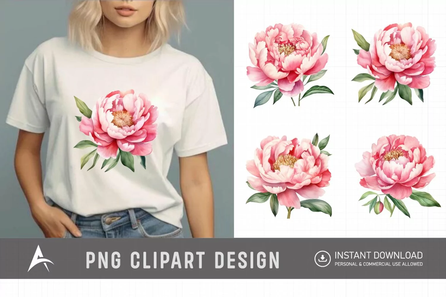 Watercolor Pink Peonies Clipart product image 1