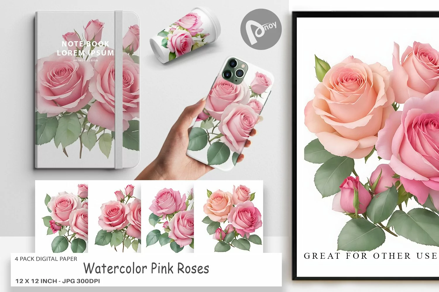 Digital Paper Watercolor Pink Roses product image 1
