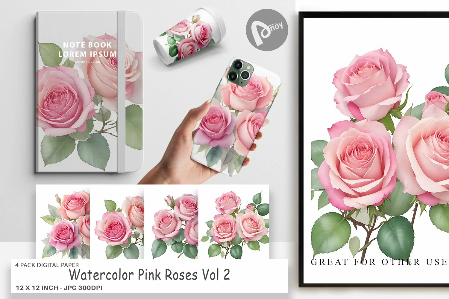 Digital Paper Watercolor Pink Roses product image 1