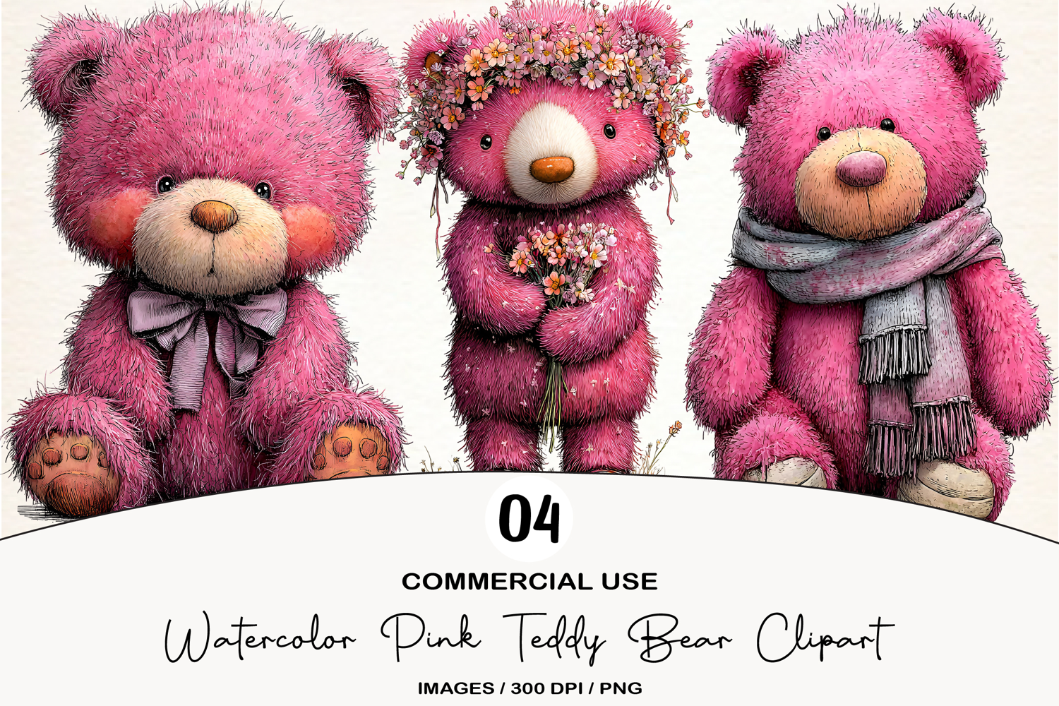 Watercolor Pink Teddy Bear Clipart product image 1
