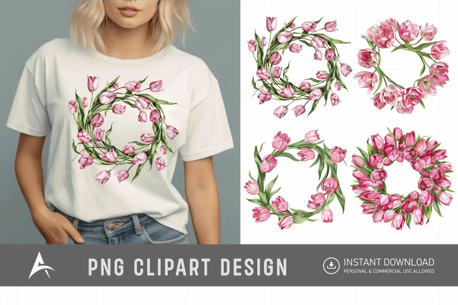 Watercolor Pink Tulip Wreaths Clipart product image 1