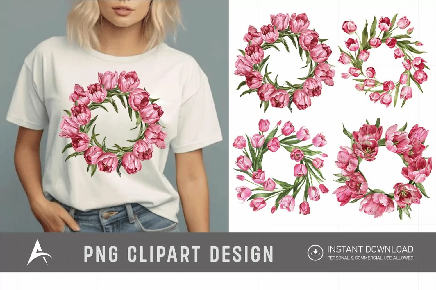 Watercolor Pink Tulip Wreaths Clipart product image 1