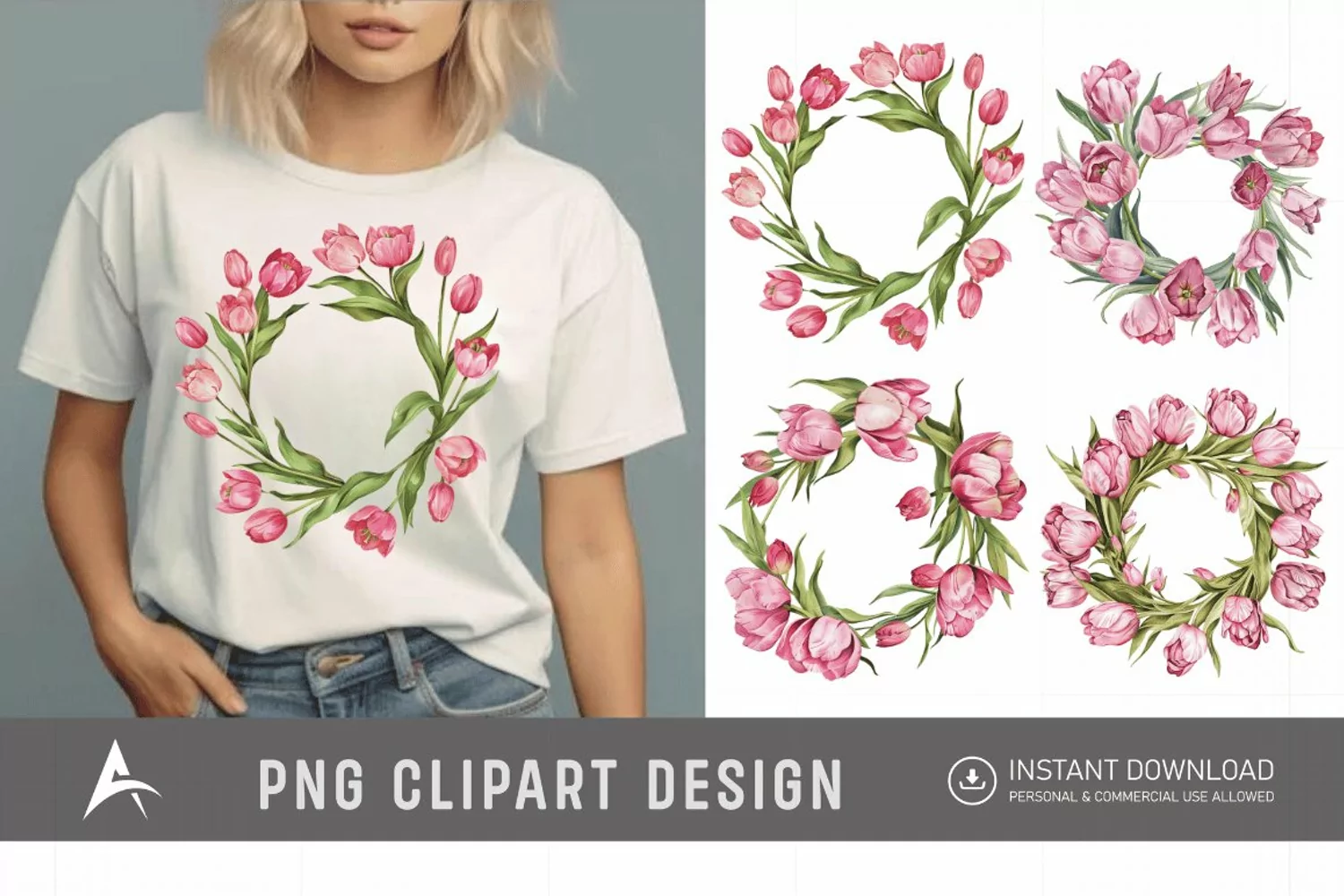 Watercolor Pink Tulip Wreaths Clipart product image 1