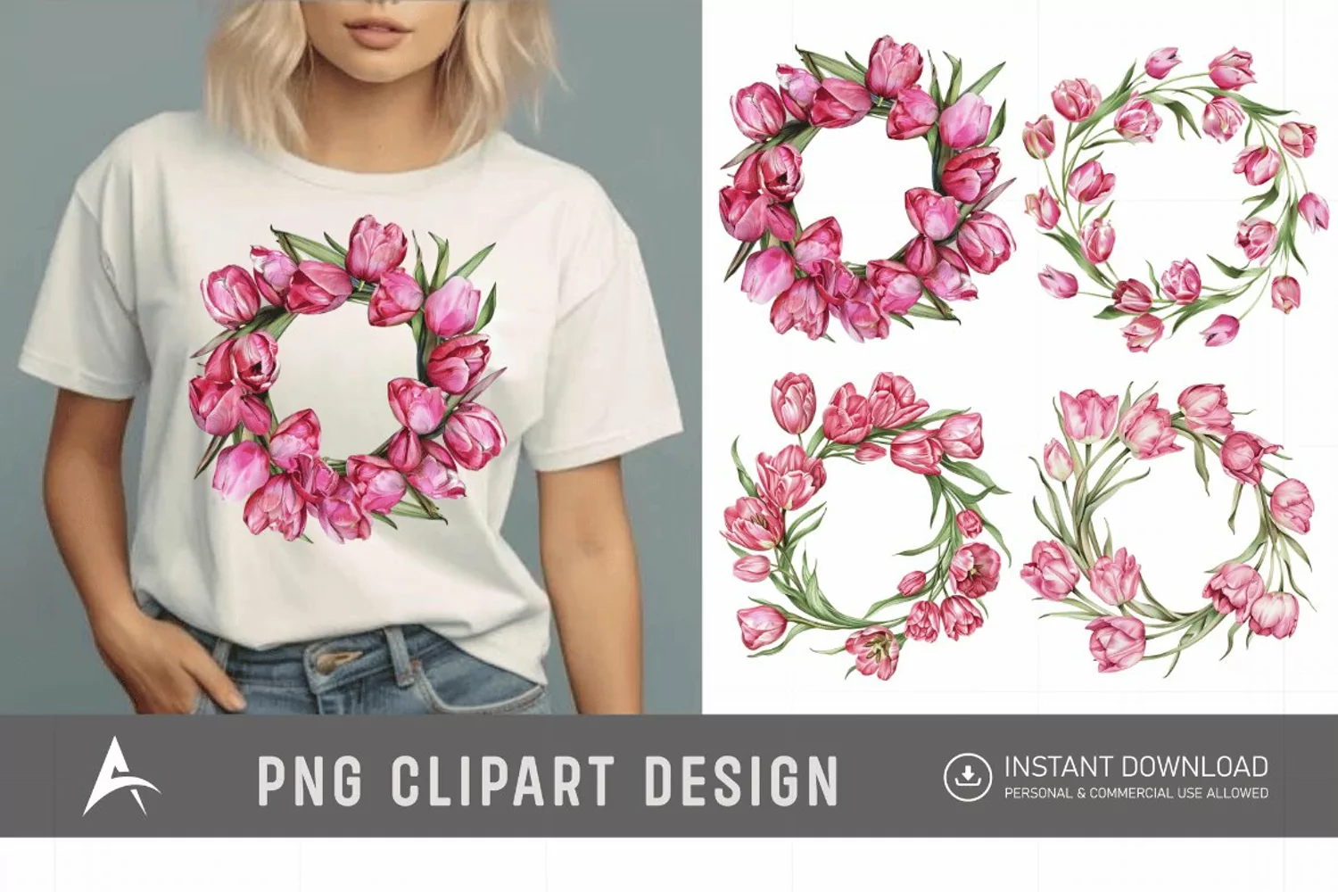 Watercolor Pink Tulip Wreaths Clipart product image 1