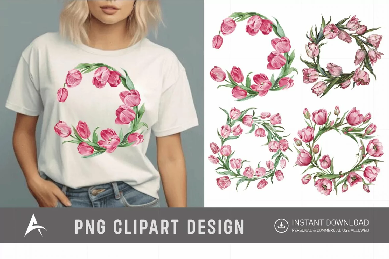 Watercolor Pink Tulip Wreaths Clipart product image 1