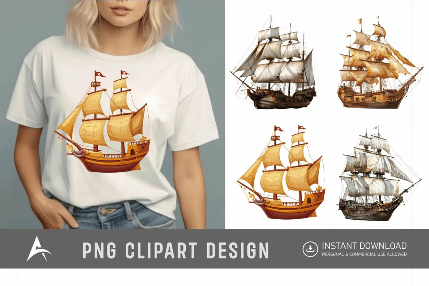 Watercolor Pirate Ship Clipart product image 1