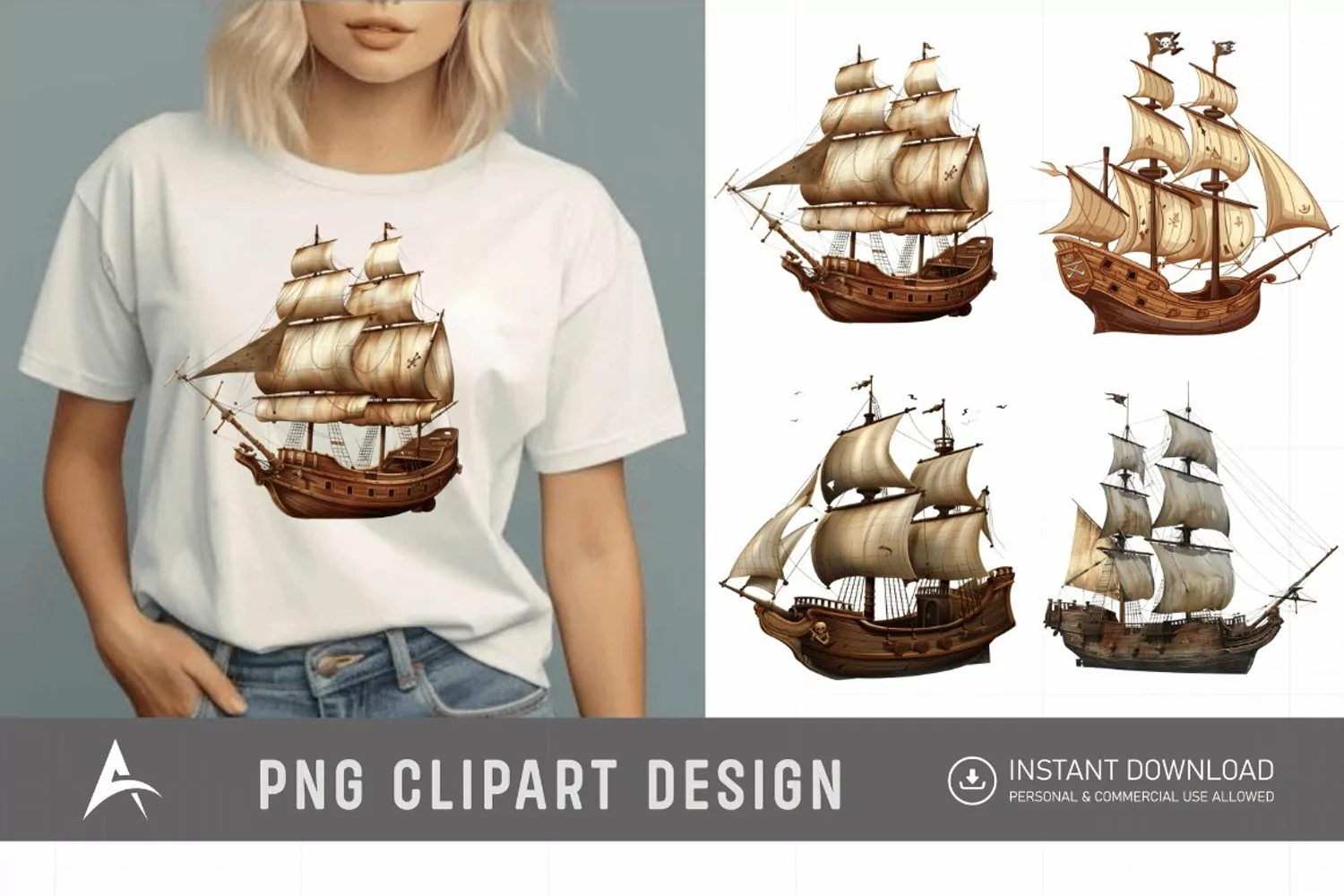 Watercolor Pirate Ship Clipart product image 1