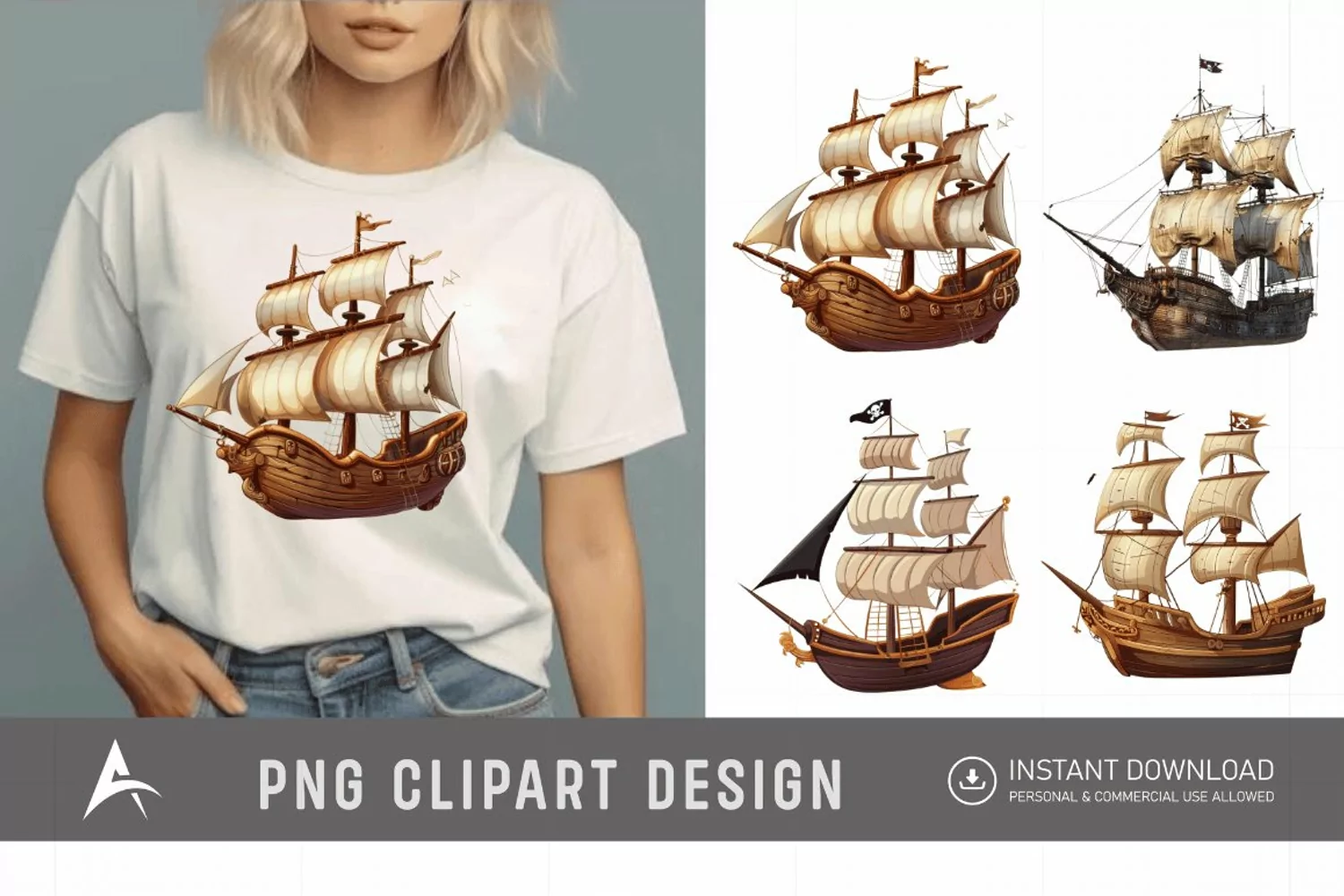 Watercolor Pirate Ship Clipart product image 1
