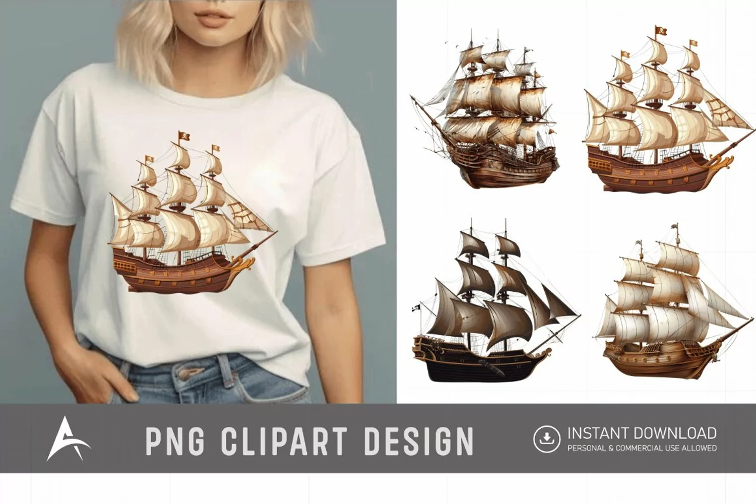 Watercolor Pirate Ship Clipart product image 1