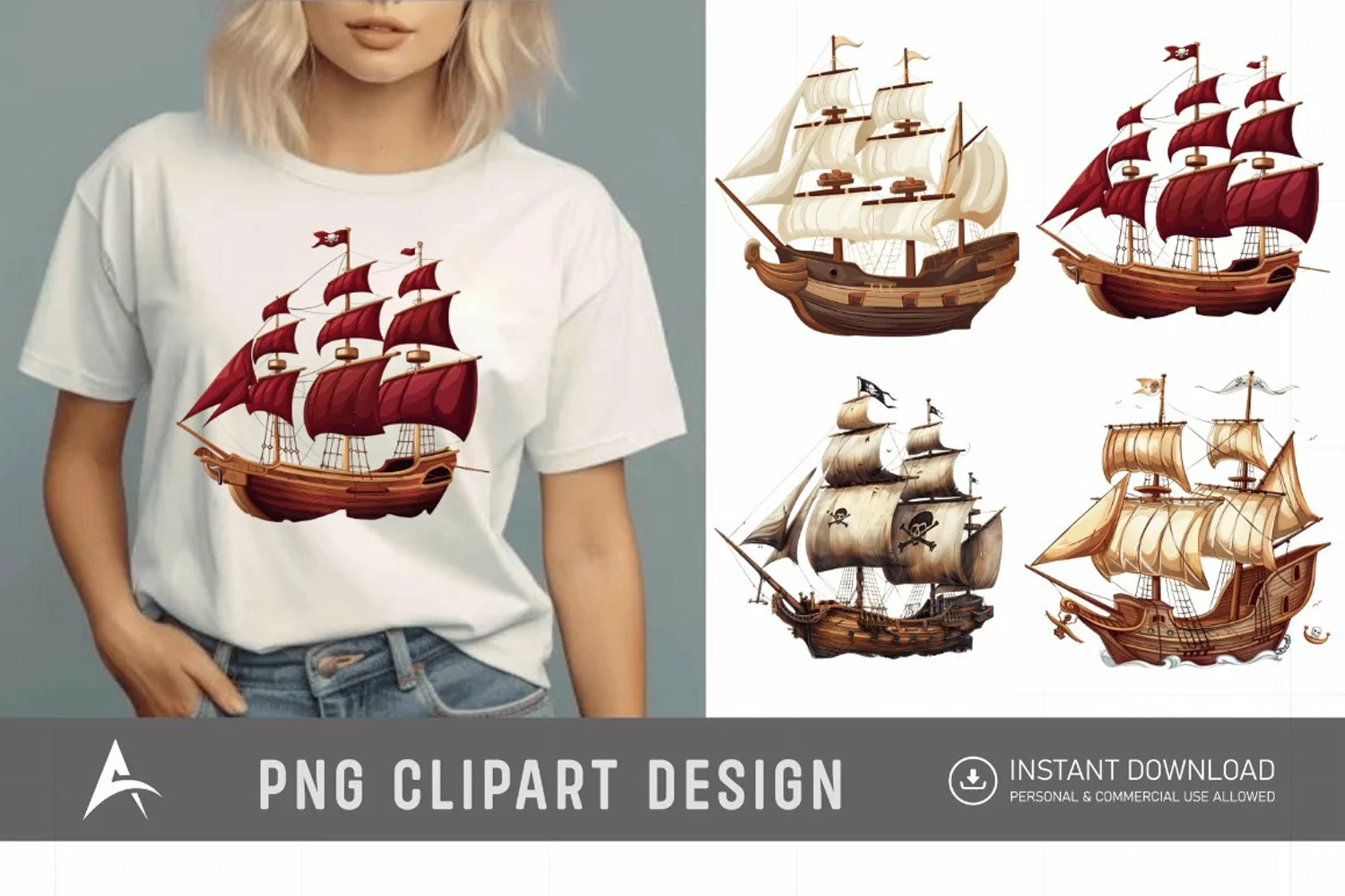 Watercolor Pirate Ship Clipart product image 1