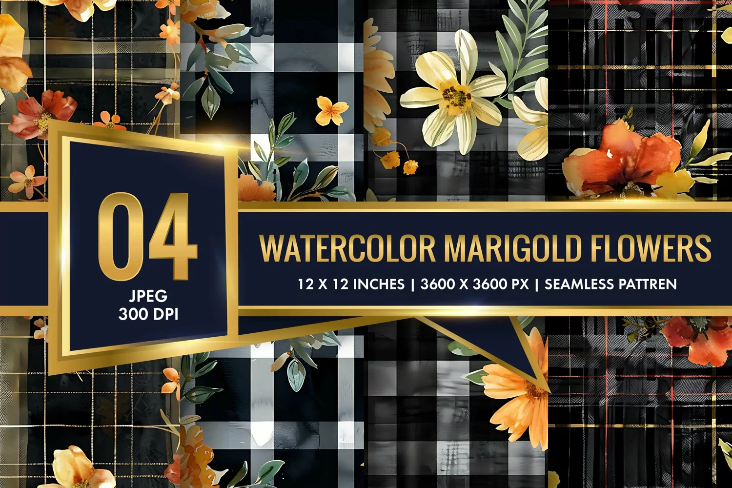 Watercolor Plaid with Marigold Flowers Digital Paper product image 1