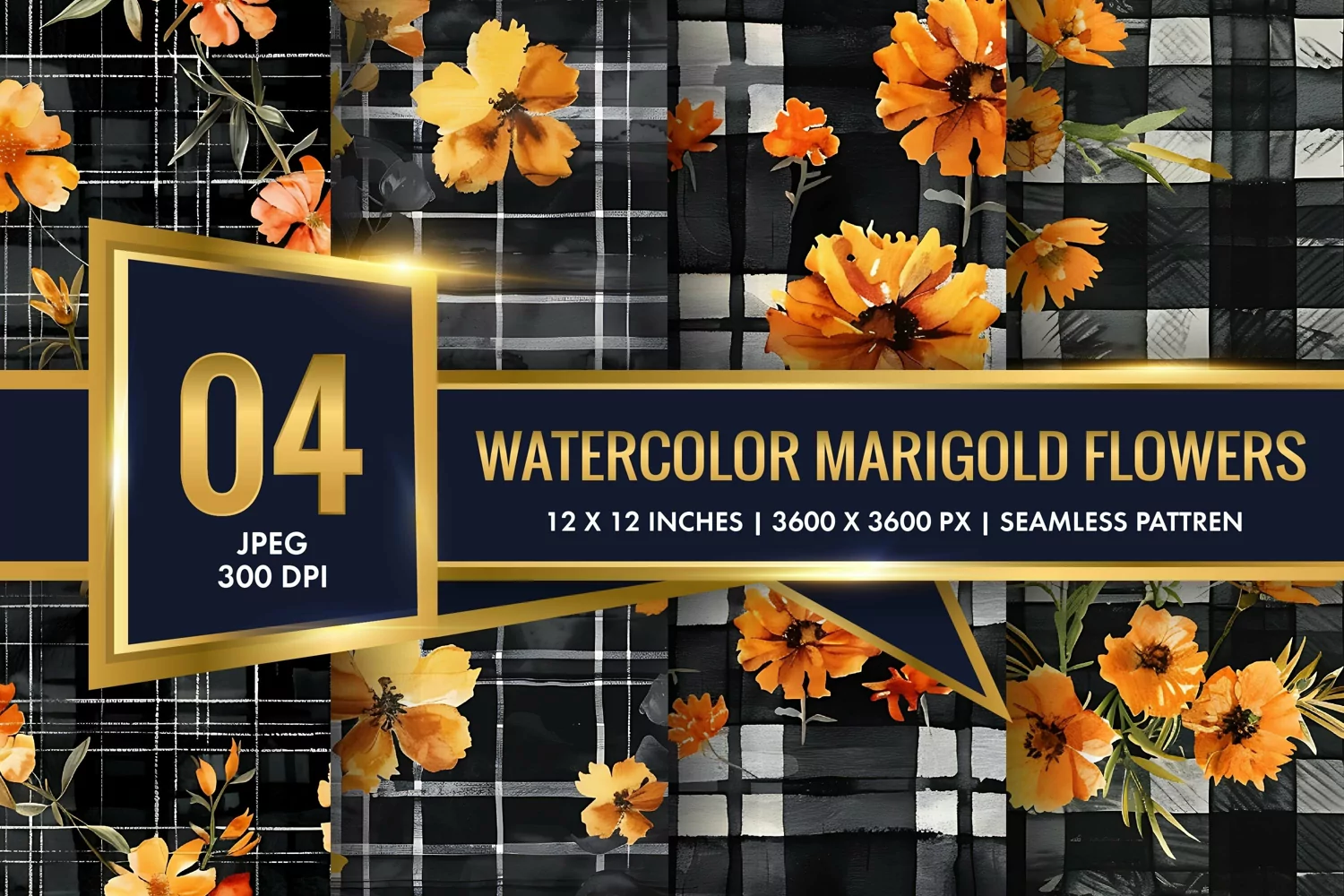 Watercolor Plaid with Marigold Flowers Digital Paper product image 1