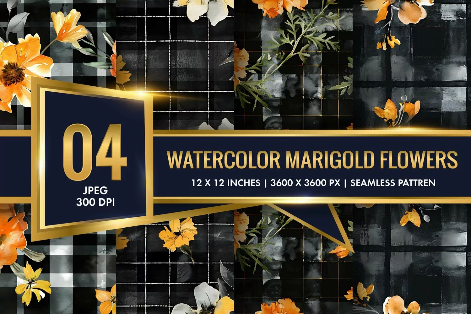 Watercolor Plaid with Marigold Flowers Digital Paper product image 1