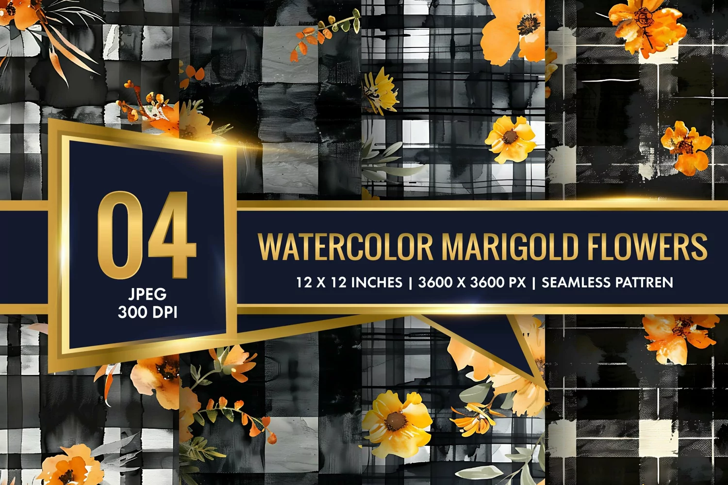 Watercolor Plaid with Marigold Flowers Digital Paper product image 1