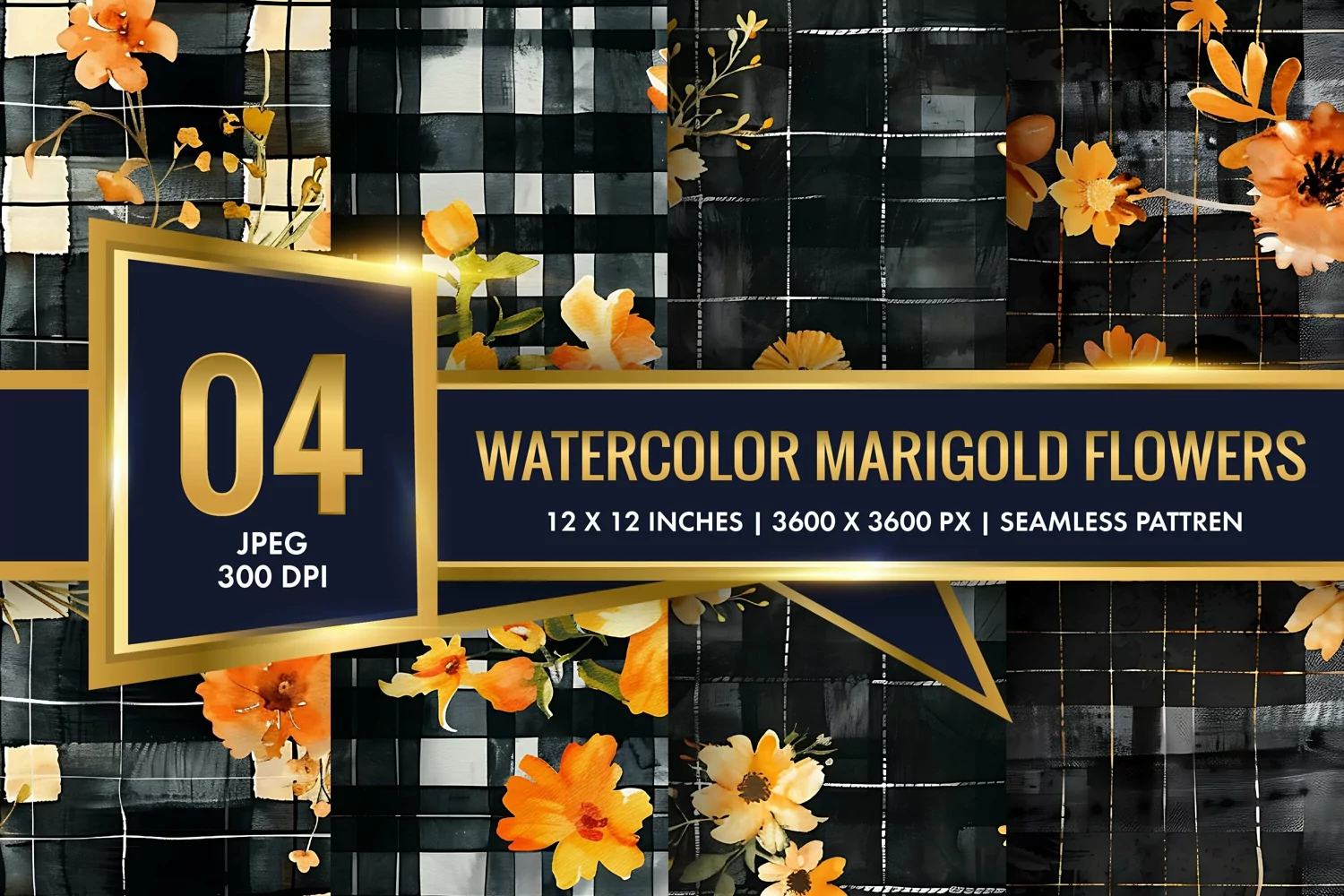 Watercolor Plaid with Marigold Flowers Digital Paper product image 1