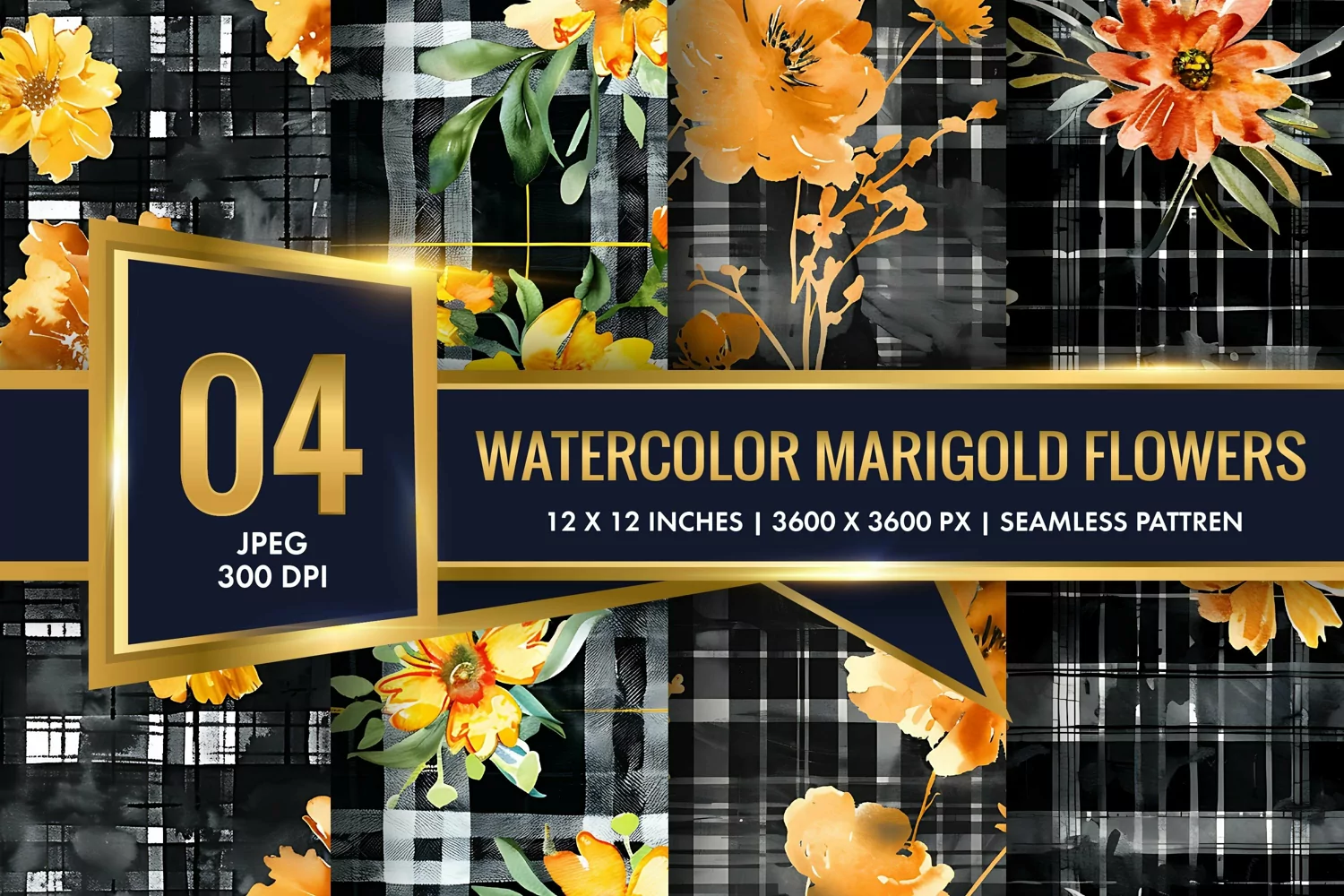 Watercolor Plaid with Marigold Flowers Digital Paper product image 1