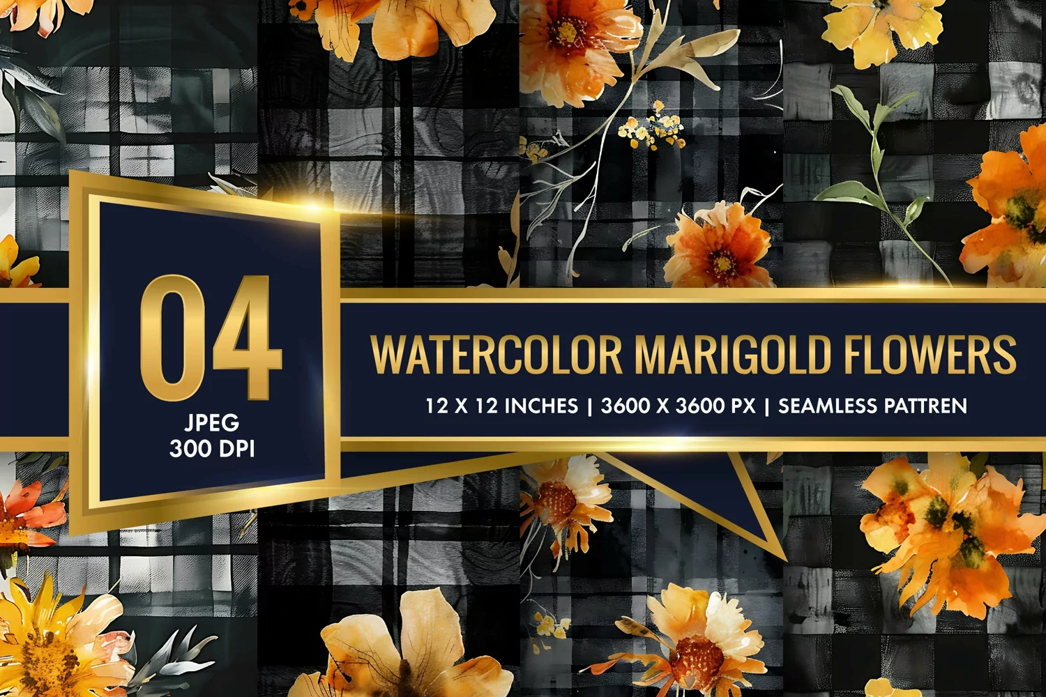 Watercolor Plaid with Marigold Flowers Digital Paper product image 1