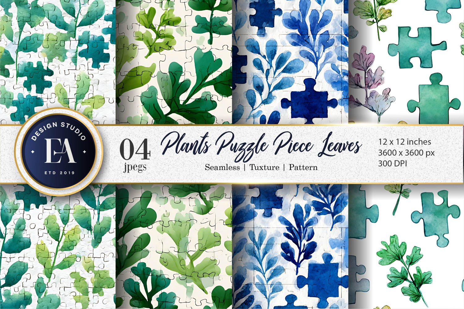 Watercolor Plants with Puzzle Shaped Leaves Digital Paper product image 1