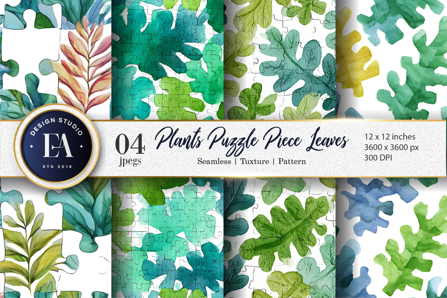 Watercolor Puzzle Leaf Plants Seamless Pattern Digital Paper product image 1