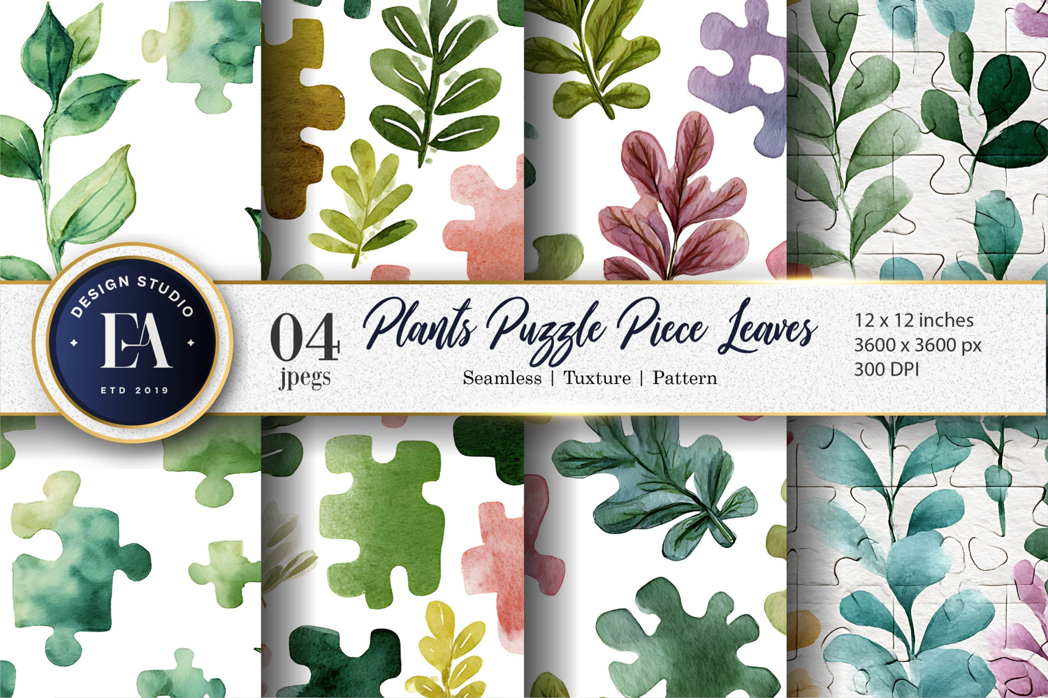 Watercolor Puzzle Leaf Plants Seamless Pattern Digital Paper product image 1