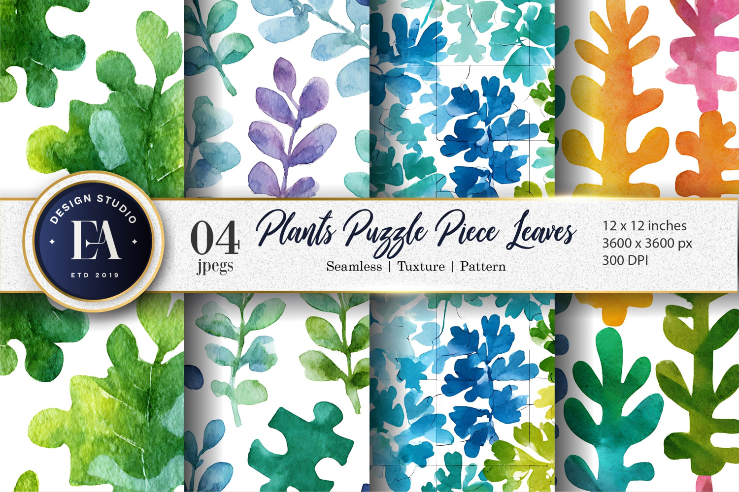 Puzzle Leaf Plants Hand-Painted Watercolor Digital Paper product image 1