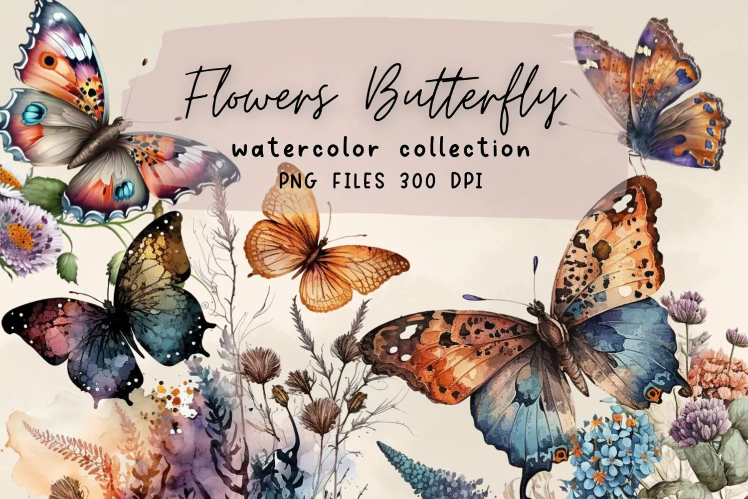 Watercolor Butterfly Flowers Clipart product image 1