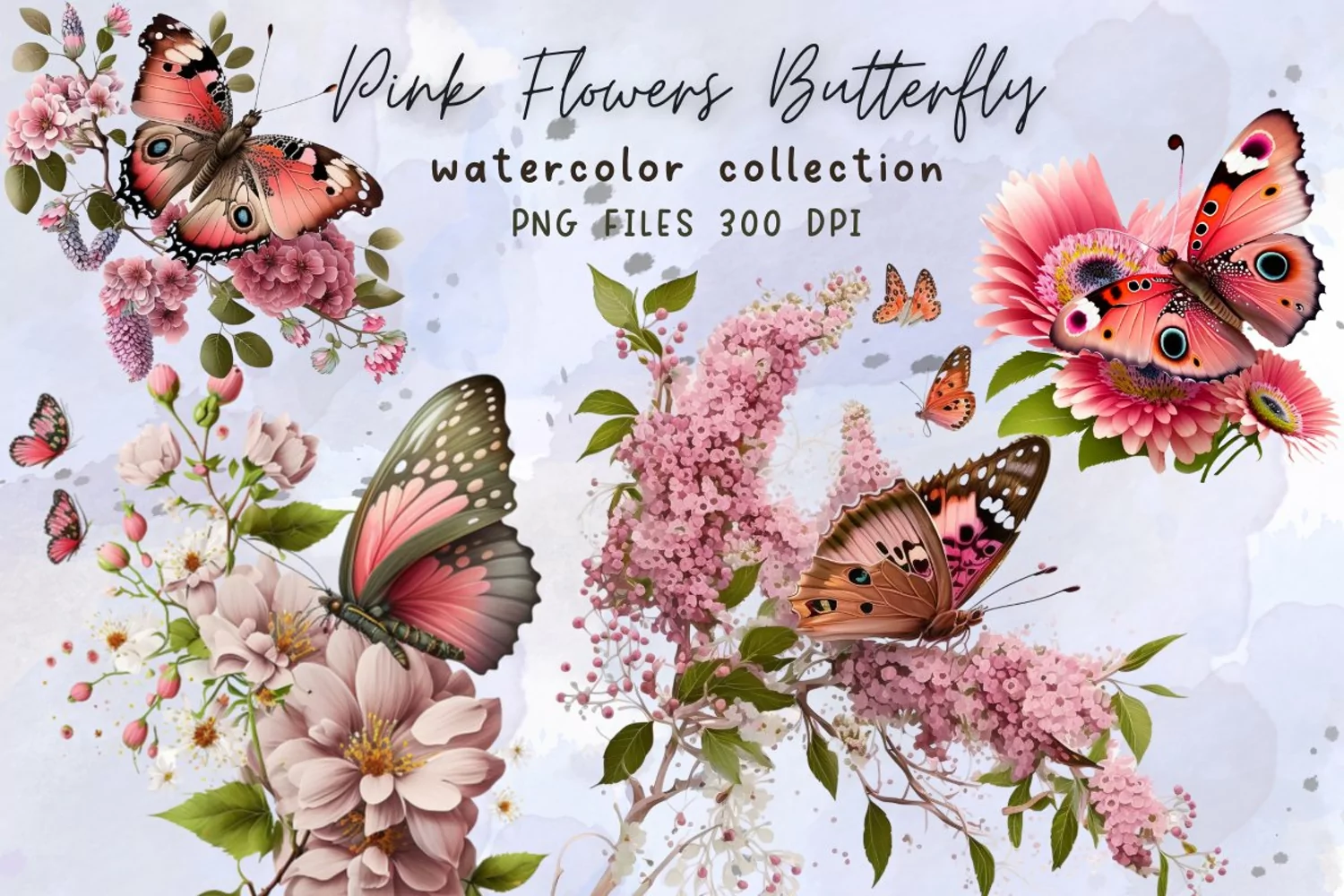 Pink Flowers Butterfly Watercolor Sublimation product image 1