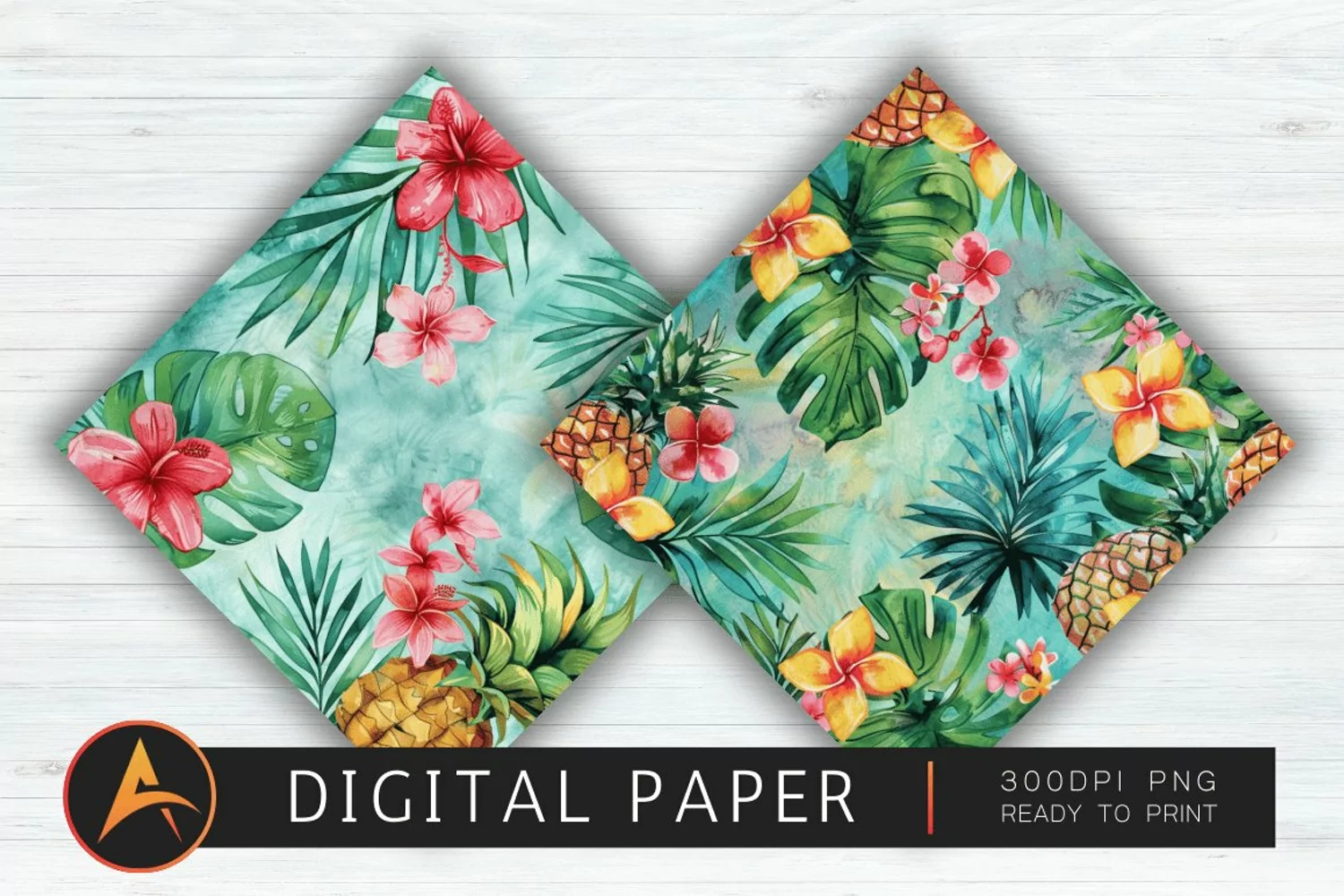 Watercolor Preppy Tropical Hawaiian Mix Digital Paper product image 1