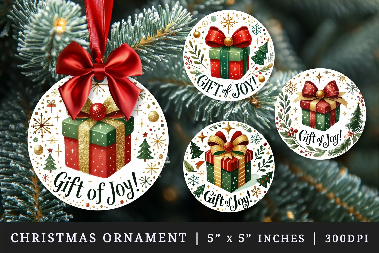 Watercolor present box with bow sparkles snowflakes Gift of Joy quote Christmas New Year winter print round ornament ornaments sublimation design