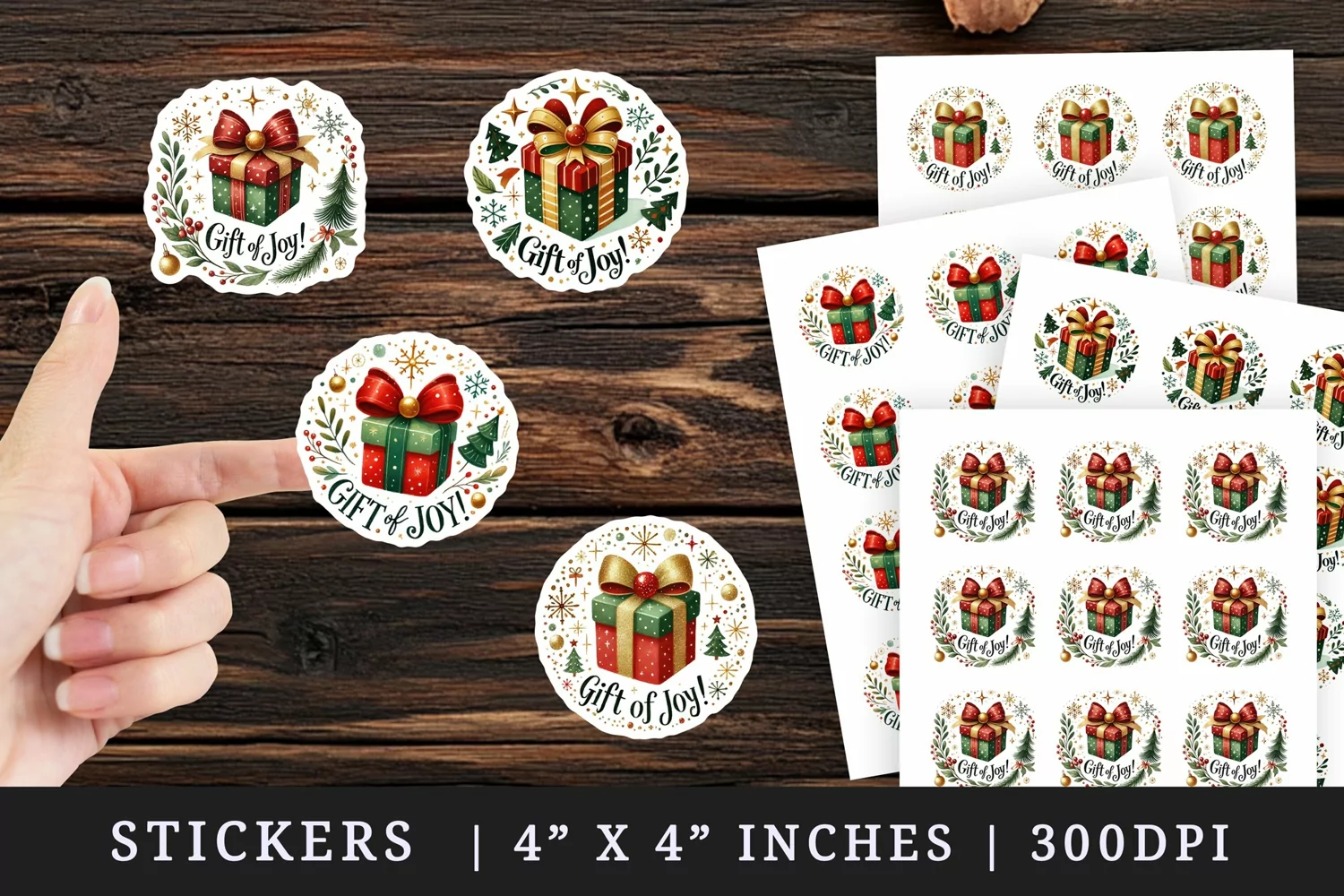 Watercolor present box with bow sparkles snowflakes Gift of Joy quote Christmas New Year winter print sticker sheet stickers printable sublimation design png