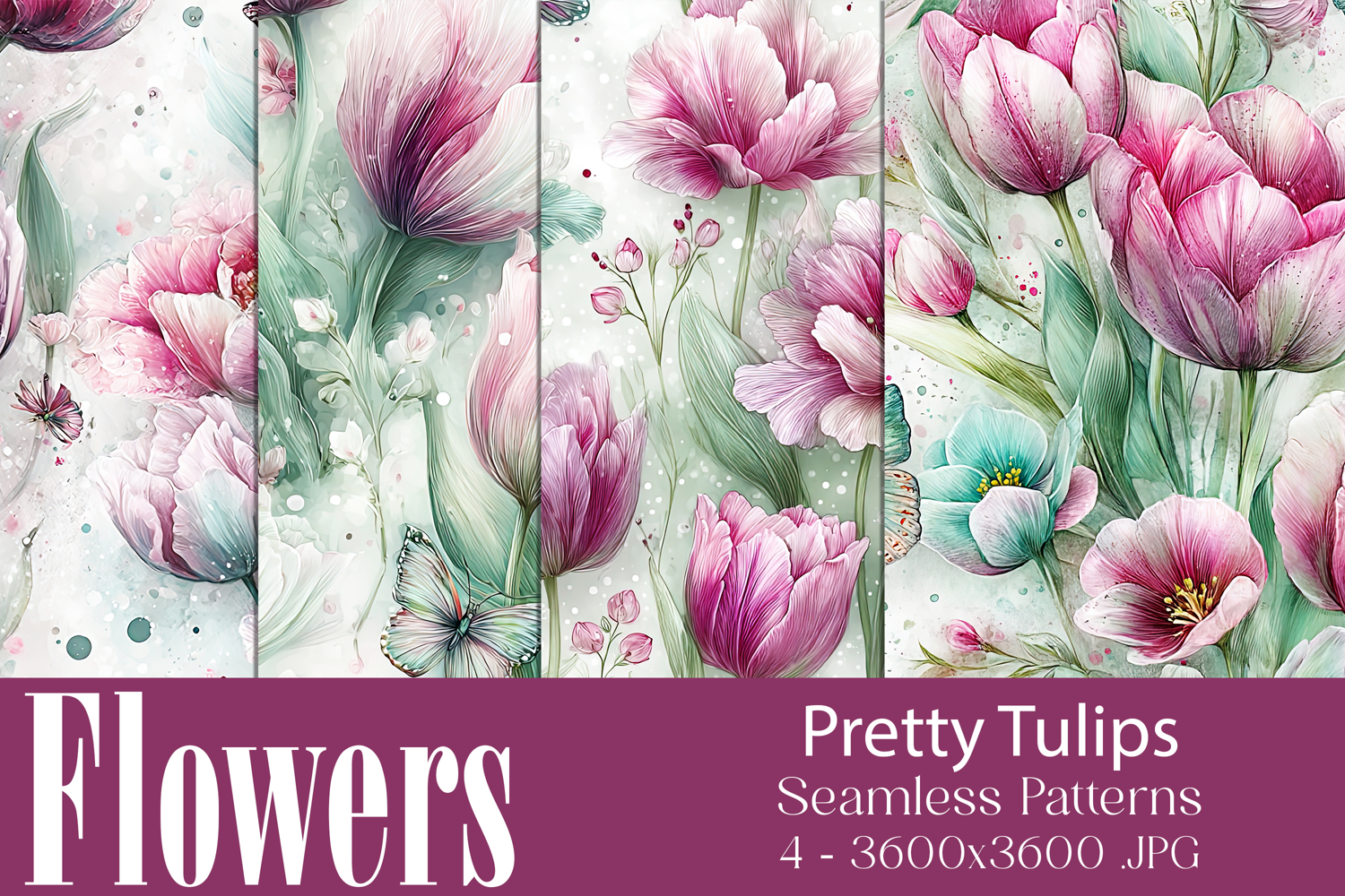 Flower Patterns, Pretty Watercolor Tulips Patterns, s1 product image 1