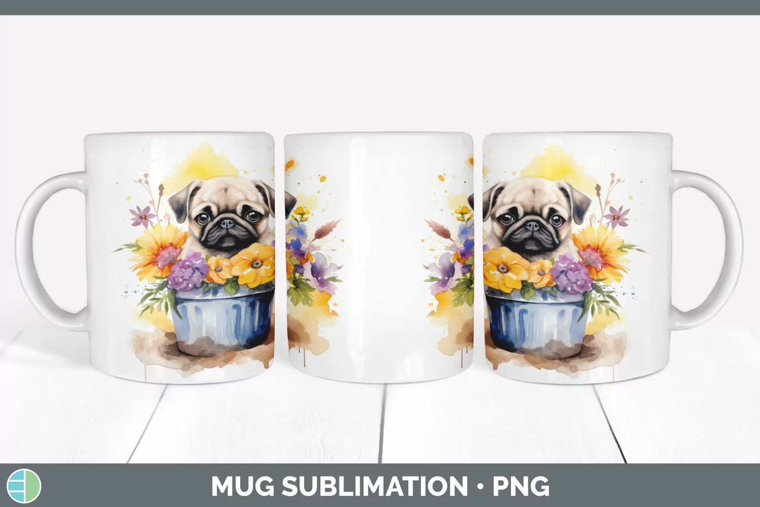 GorgeousWild Flowers Pugs Mug Wrap design.