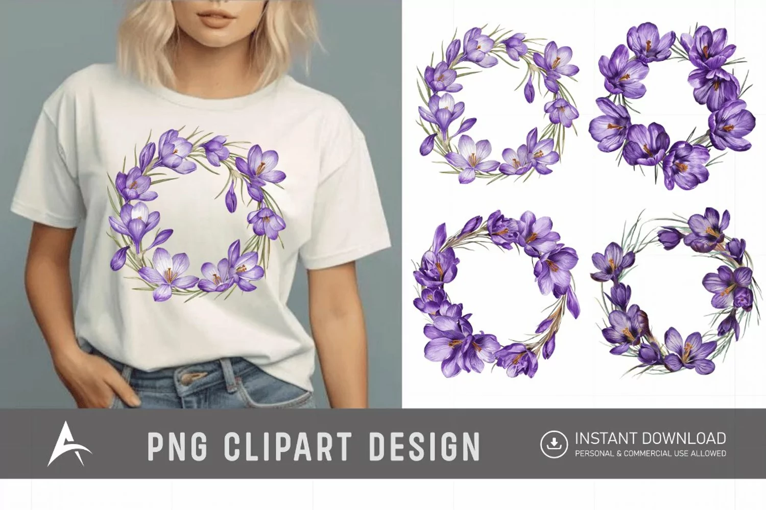 Watercolor Purple Crocus Flower Wreaths Clipart product image 1