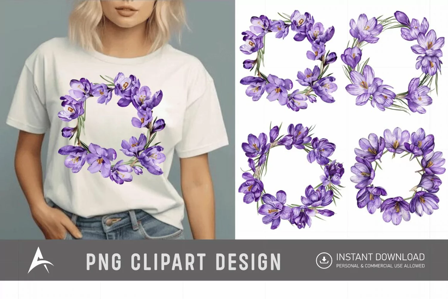 Watercolor Purple Crocus Flower Wreaths Clipart product image 1