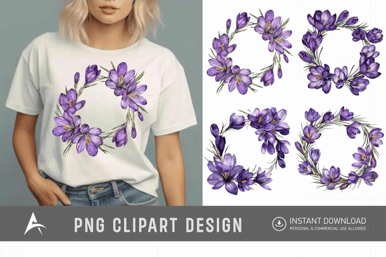 Watercolor Purple Crocus Flower Wreaths Clipart product image 1
