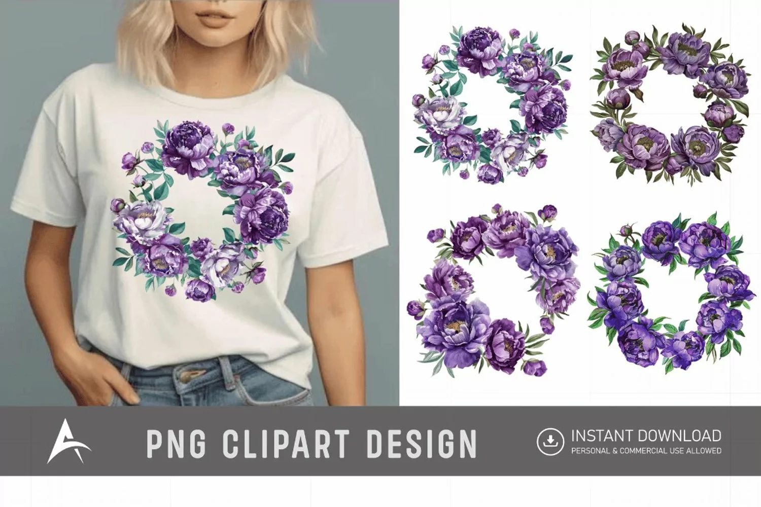 Watercolor Purple Peony Wreath Clipart product image 1